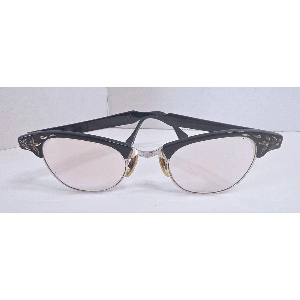 Vintage Art-Craft Cat Eye‎ Glasses Black Aluminum Browline Floral Etched USA 50s